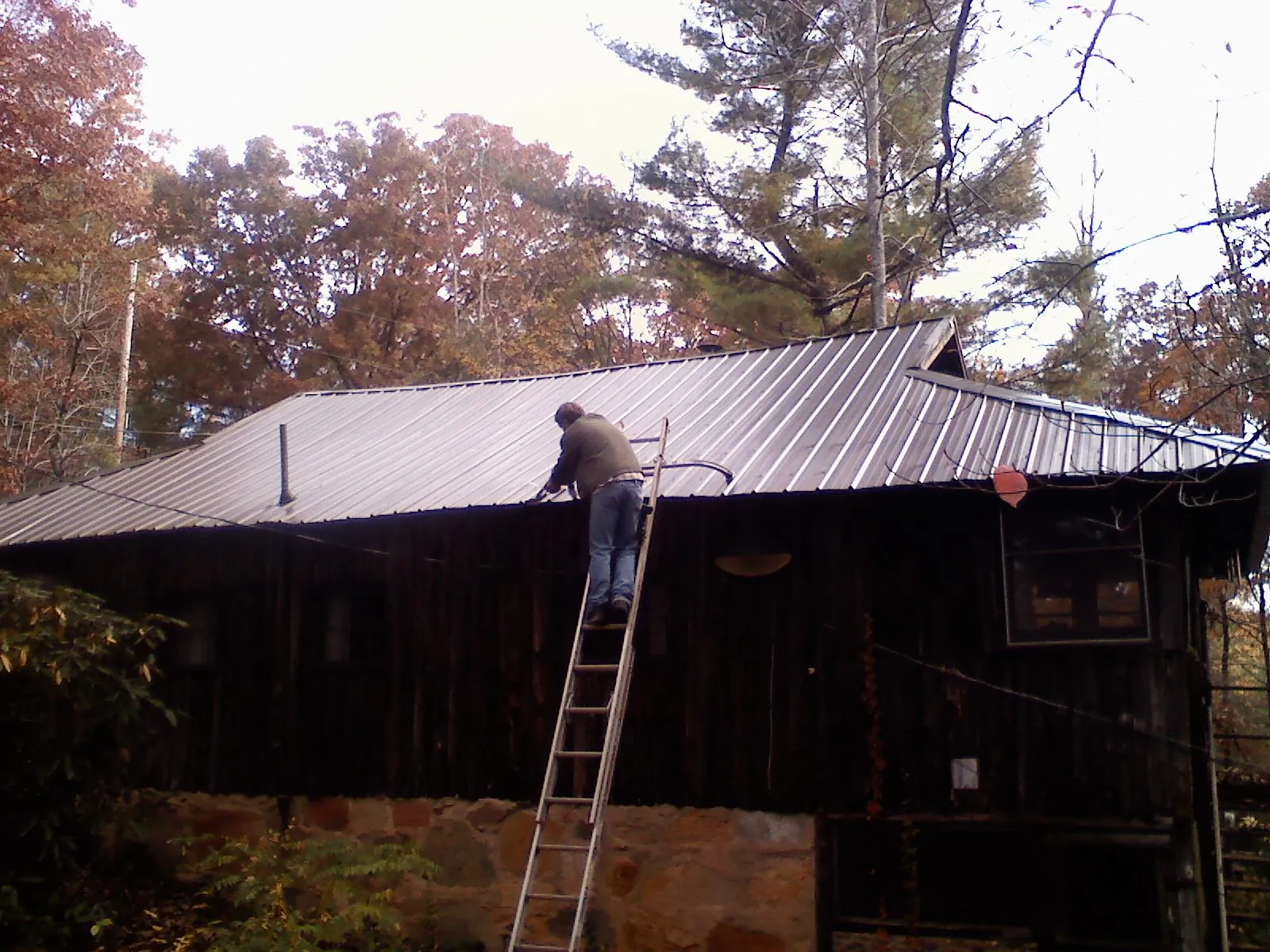 Roofer on a ladder working along the edge of a cabin metal roof in Brock